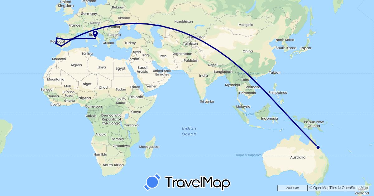TravelMap itinerary: driving in Australia, Spain, Italy, Portugal (Europe, Oceania)